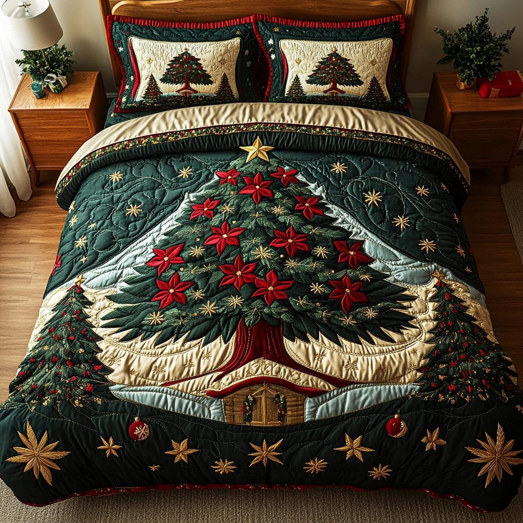 Starry Night quilted 3-piece bedding set on a made bed with two matching pillow shams