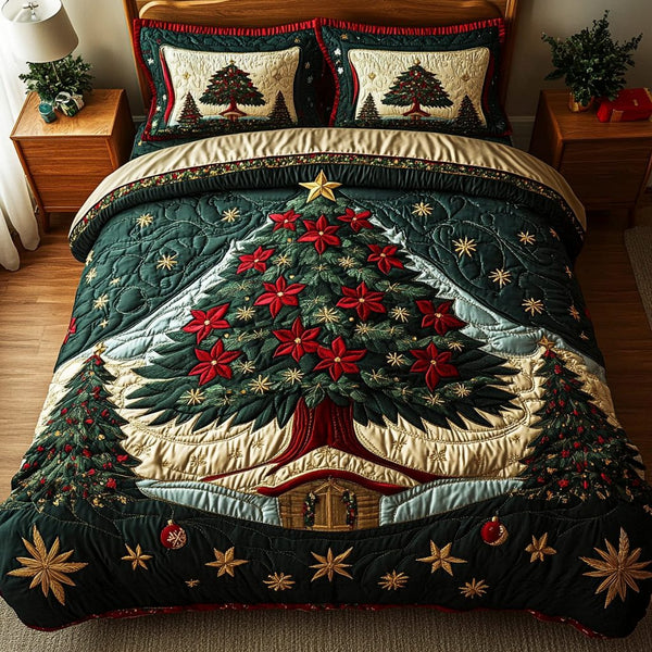 Starry Night quilted 3-piece bedding set on a made bed with two matching pillow shams