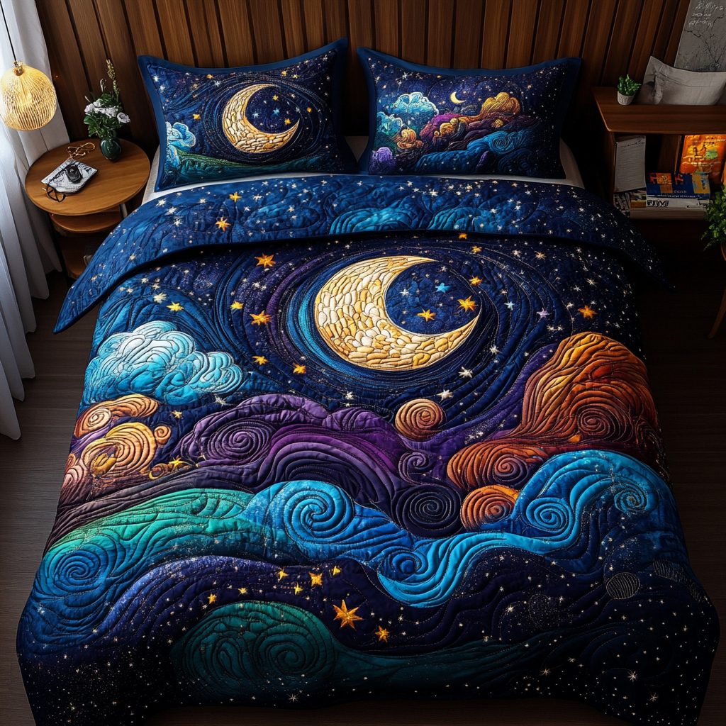 Starry Night quilted 3-piece bedding set on a made bed with two matching pillow shams