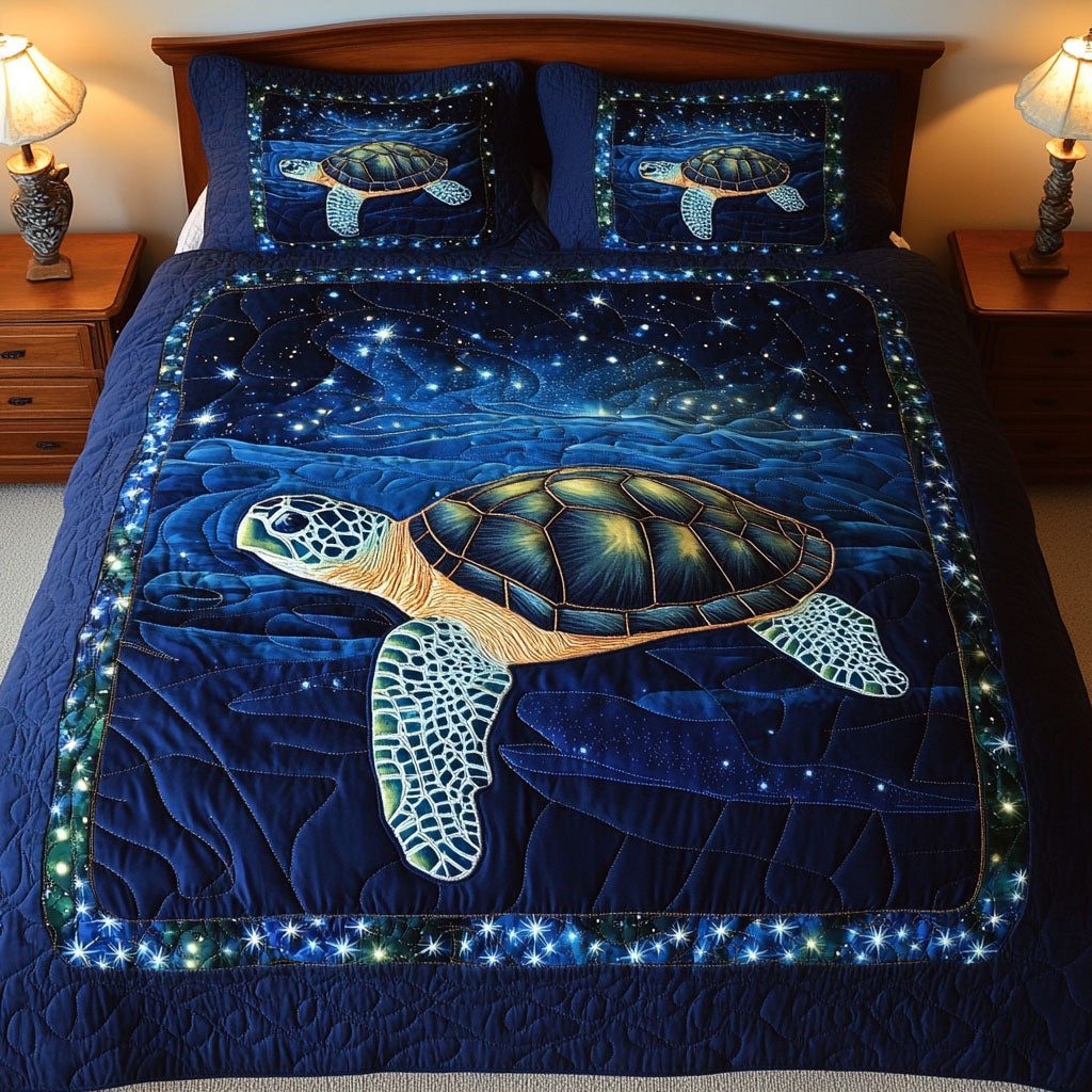 Starry Night Turtle quilted 3-piece bedding set on a made bed in a light coastal bedroom
