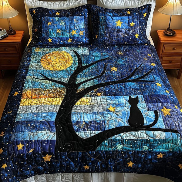 Starry Night Watch quilted 3-piece bedding set on a made bed with two matching pillow shams