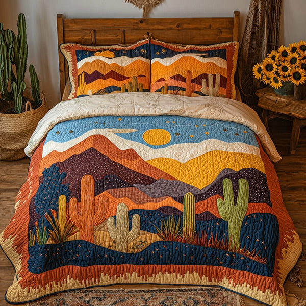 Starry Oasis quilted 3-piece bedding set on a made bed with two matching pillow shams