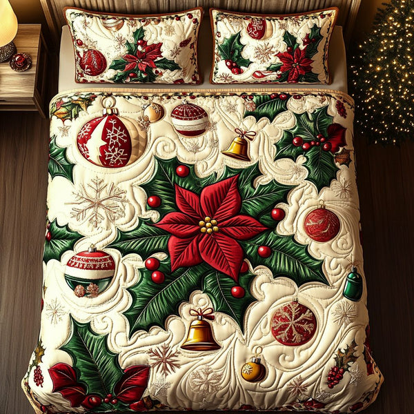 Starry Ornaments quilted 3-piece bedding set on a made bed with two matching pillow shams