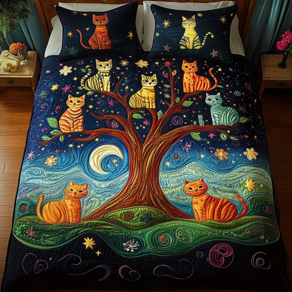 Starry Paws quilted 3-piece bedding set on a made bed with two matching pillow shams