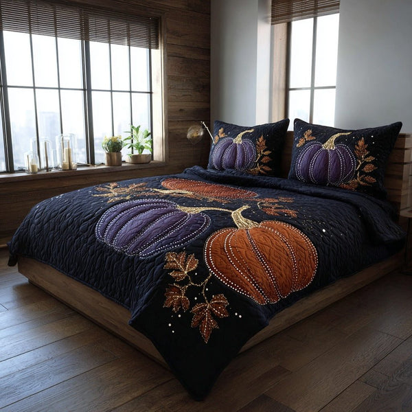 Starry Pumpkins quilted 3-piece bedding set on a made bed against a dark styled interior