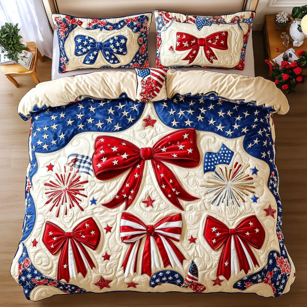 Starry Ribbons quilted 3-piece bedding set on a made bed with two matching pillow shams