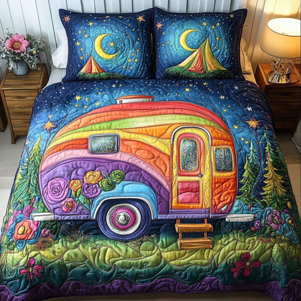 Starry Ride quilted 3-piece bedding set on a made bed with two matching pillow shams