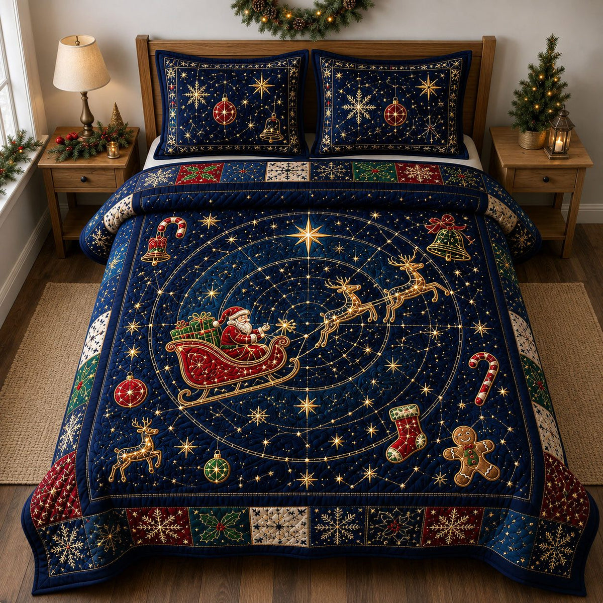 Starry Santa Journey quilted 3-piece bedding set on a made bed in a winter-styled bedroom
