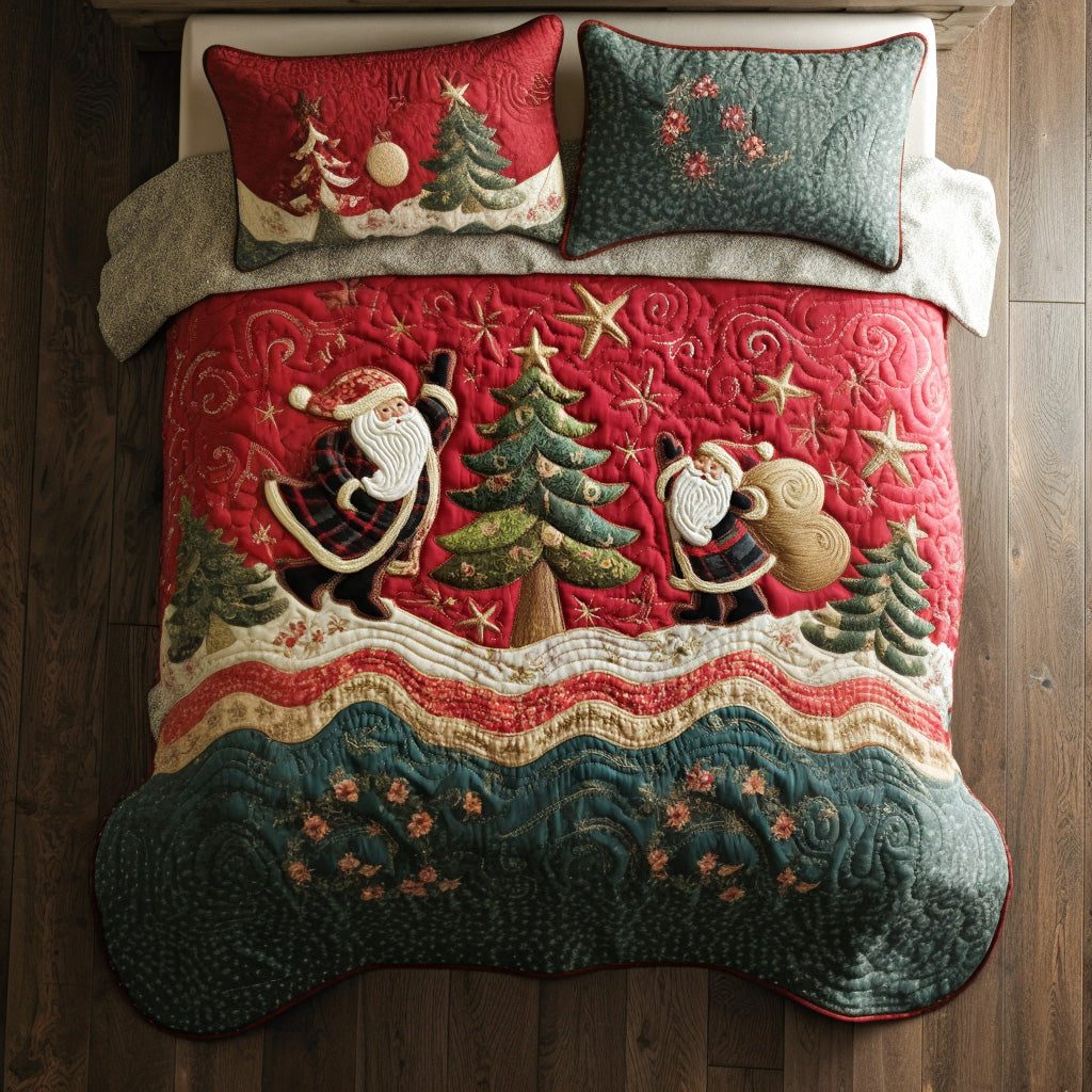 Starry Santa Sky quilted 3-piece bedding set on a made bed in a winter-styled bedroom