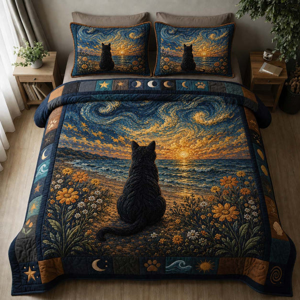 Starry Seaside Black Cat quilted 3-piece bedding set on a made bed in a light coastal bedroom