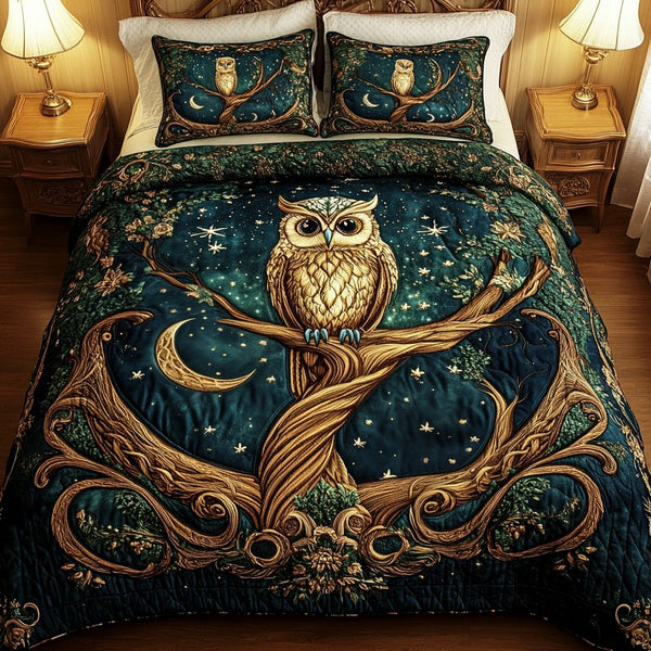 Starry Sentinel quilted 3-piece bedding set on a made bed with two matching pillow shams