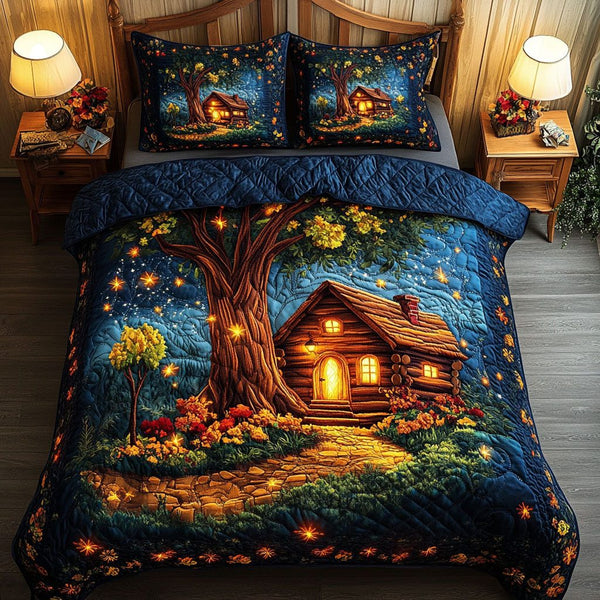 Starry Shelter quilted 3-piece bedding set on a made bed with two matching pillow shams