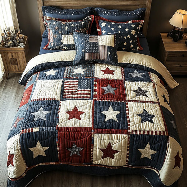 Starry Sleep quilted 3-piece bedding set on a made bed with two matching pillow shams