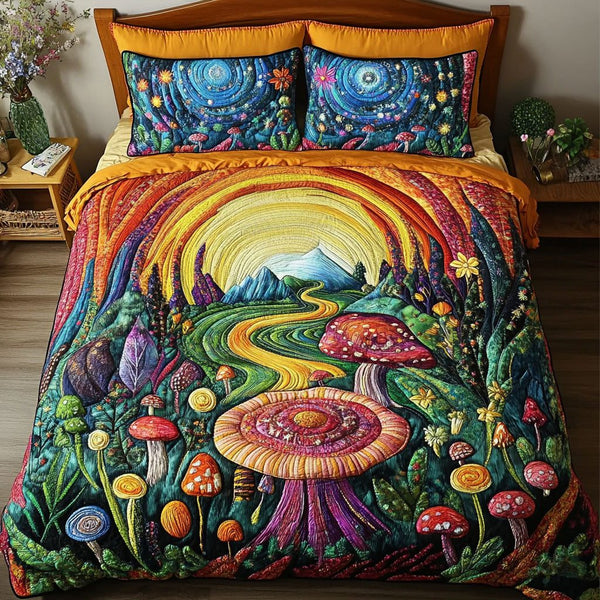 Starry Sporeland quilted 3-piece bedding set on a made bed with two matching pillow shams