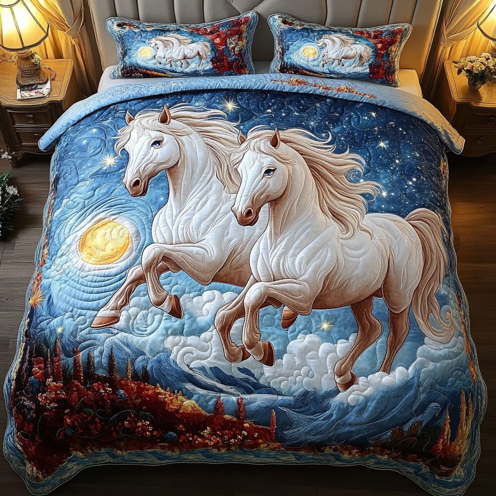 Starry Stallions quilted 3-piece bedding set on a made bed in a rustic timber bedroom