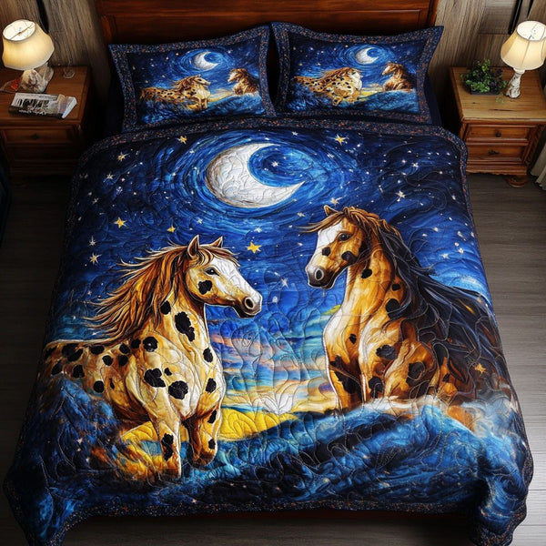 Starry Stallions quilted 3-piece bedding set on a made bed in a rustic timber bedroom