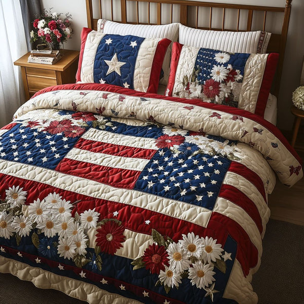 Starry Stripes quilted 3-piece bedding set on a made bed with two matching pillow shams