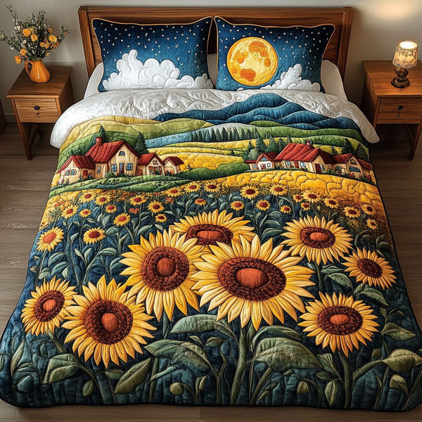 Starry Sunflower Farm quilted 3-piece bedding set on a made bed with two matching pillow shams