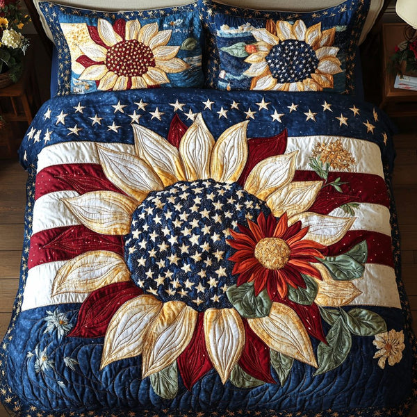 Starry Sunflower quilted 3-piece bedding set on a made bed with two matching pillow shams