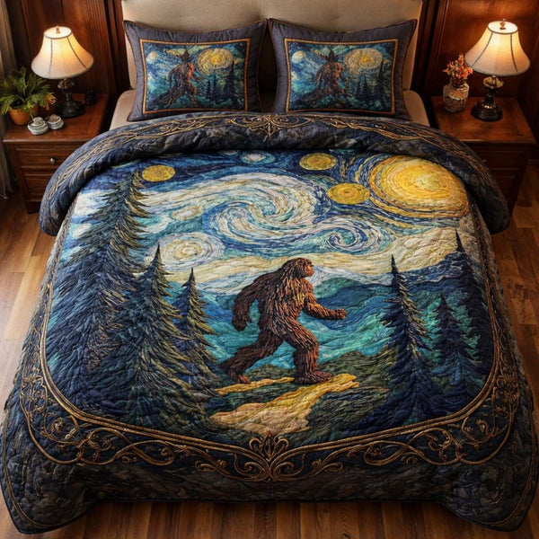 Starry Trail Bigfoot quilted 3-piece bedding set on a made bed with two matching pillow shams