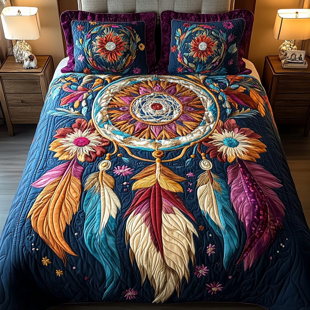 Starry Trails quilted 3-piece bedding set on a made bed with two matching pillow shams