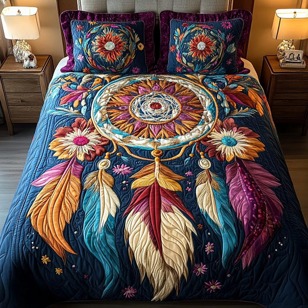 Starry Trails quilted 3-piece bedding set on a made bed with two matching pillow shams