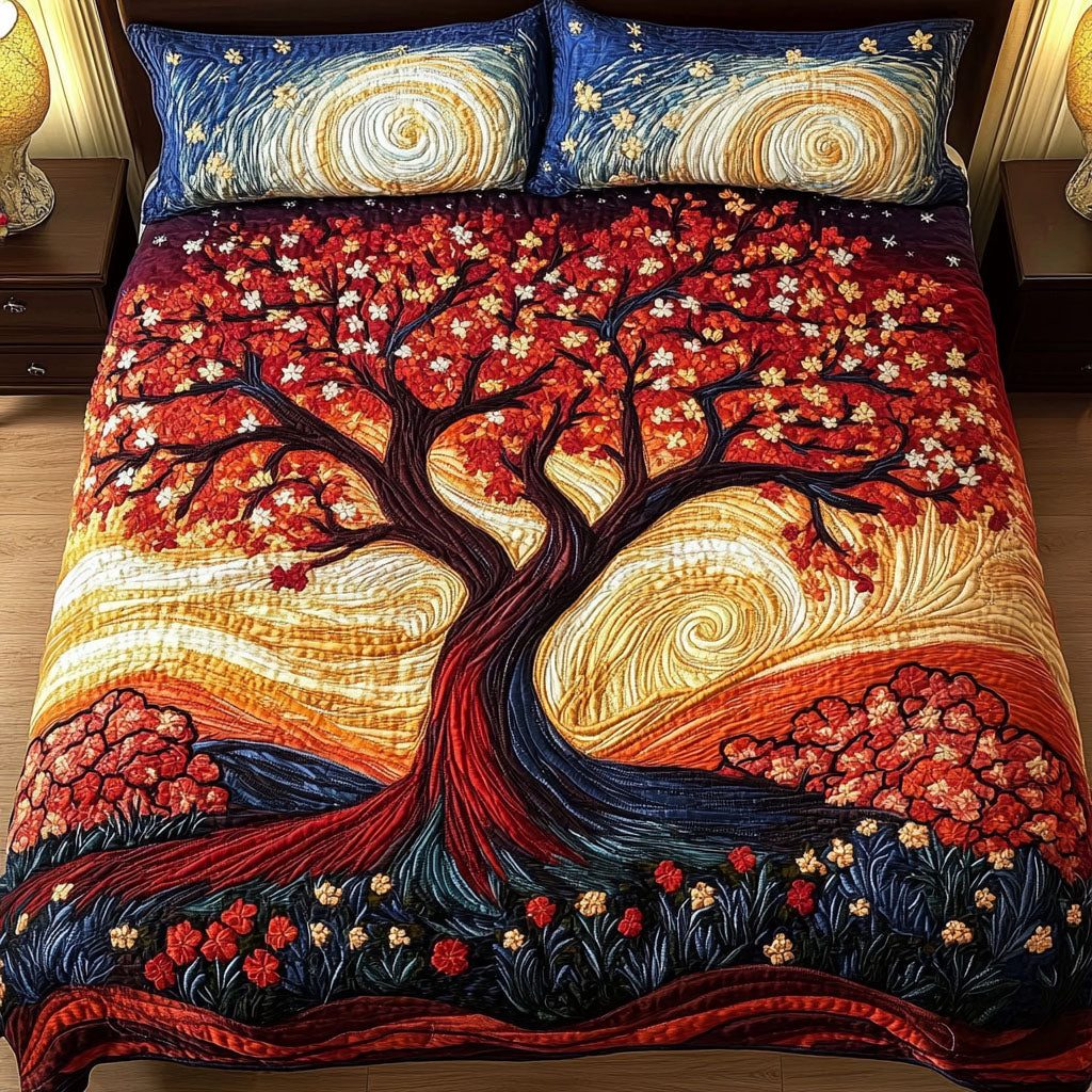 Starry Tree quilted 3-piece bedding set on a made bed with two matching pillow shams