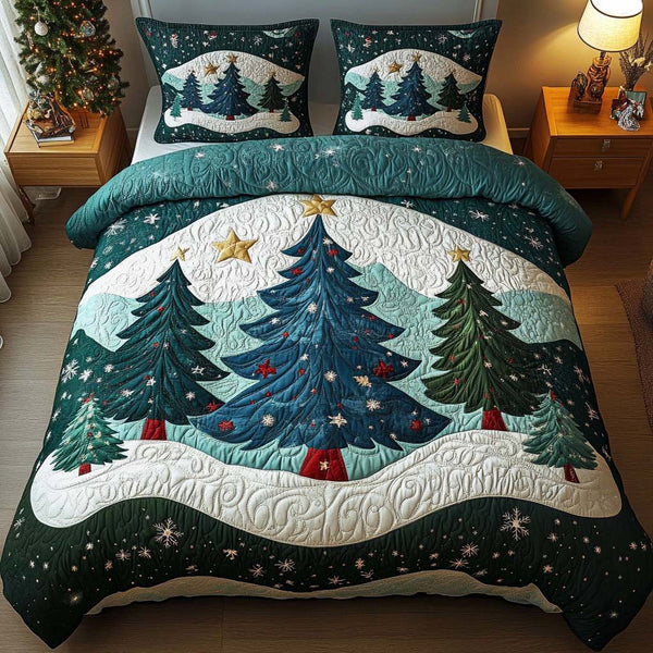 Starry Trees quilted 3-piece bedding set on a made bed with two matching pillow shams