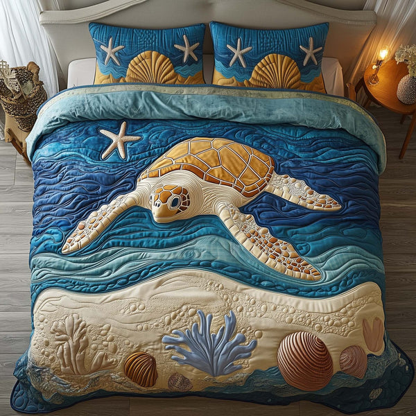 Starry Turtle quilted 3-piece bedding set on a made bed in a light coastal bedroom
