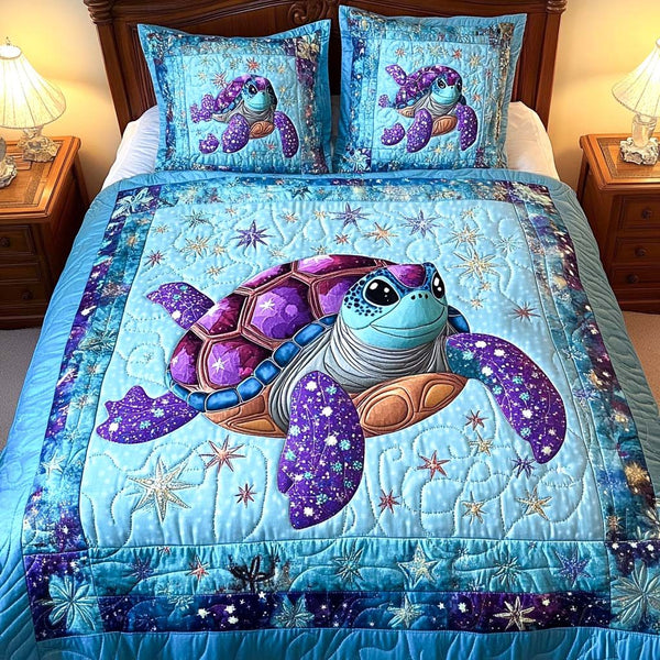 Starry Turtle quilted 3-piece bedding set on a made bed in a light coastal bedroom