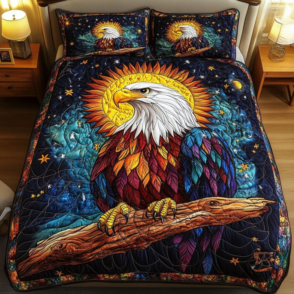 Starry Watch quilted 3-piece bedding set on a made bed with two matching pillow shams