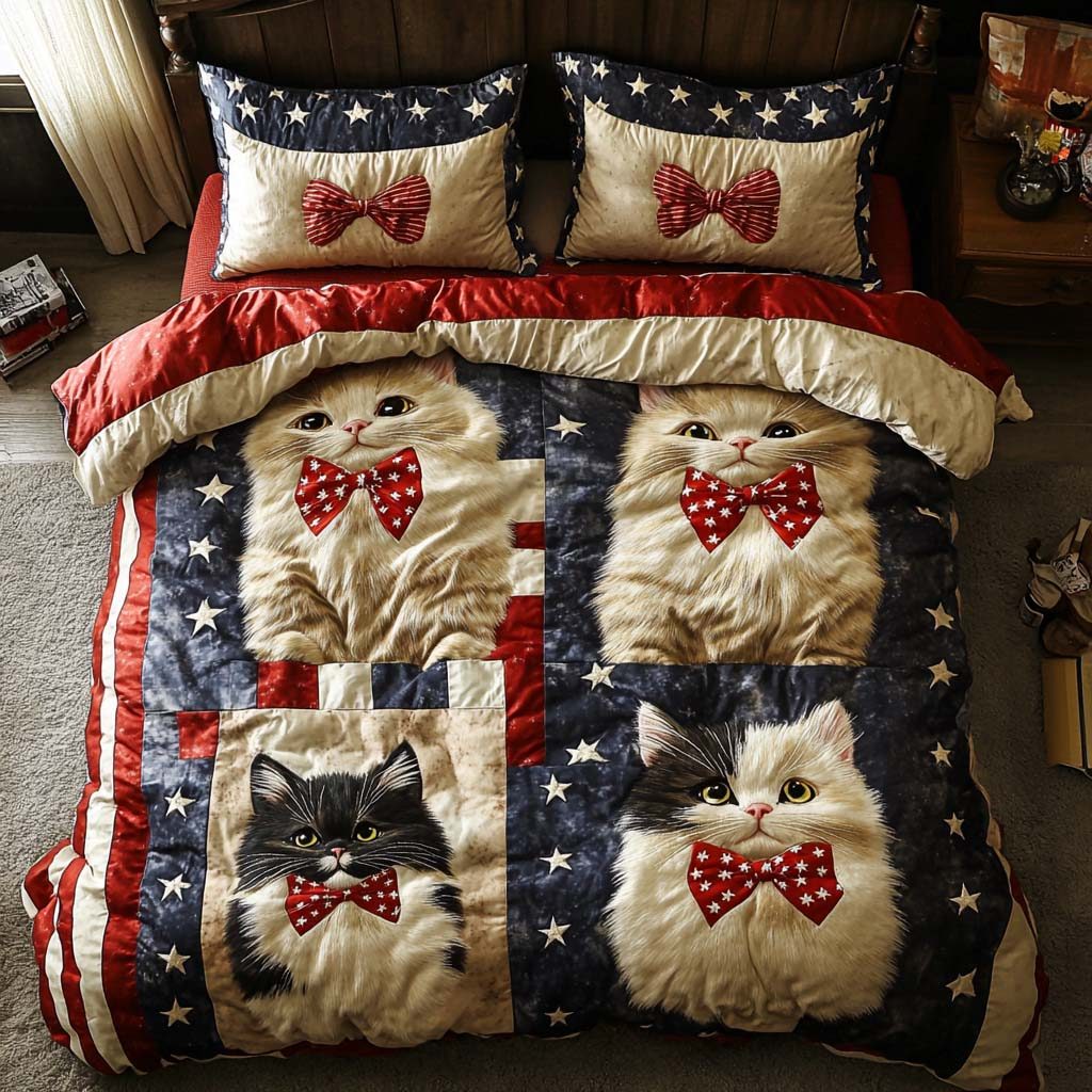 Starry Whiskers quilted 3-piece bedding set on a made bed with two matching pillow shams