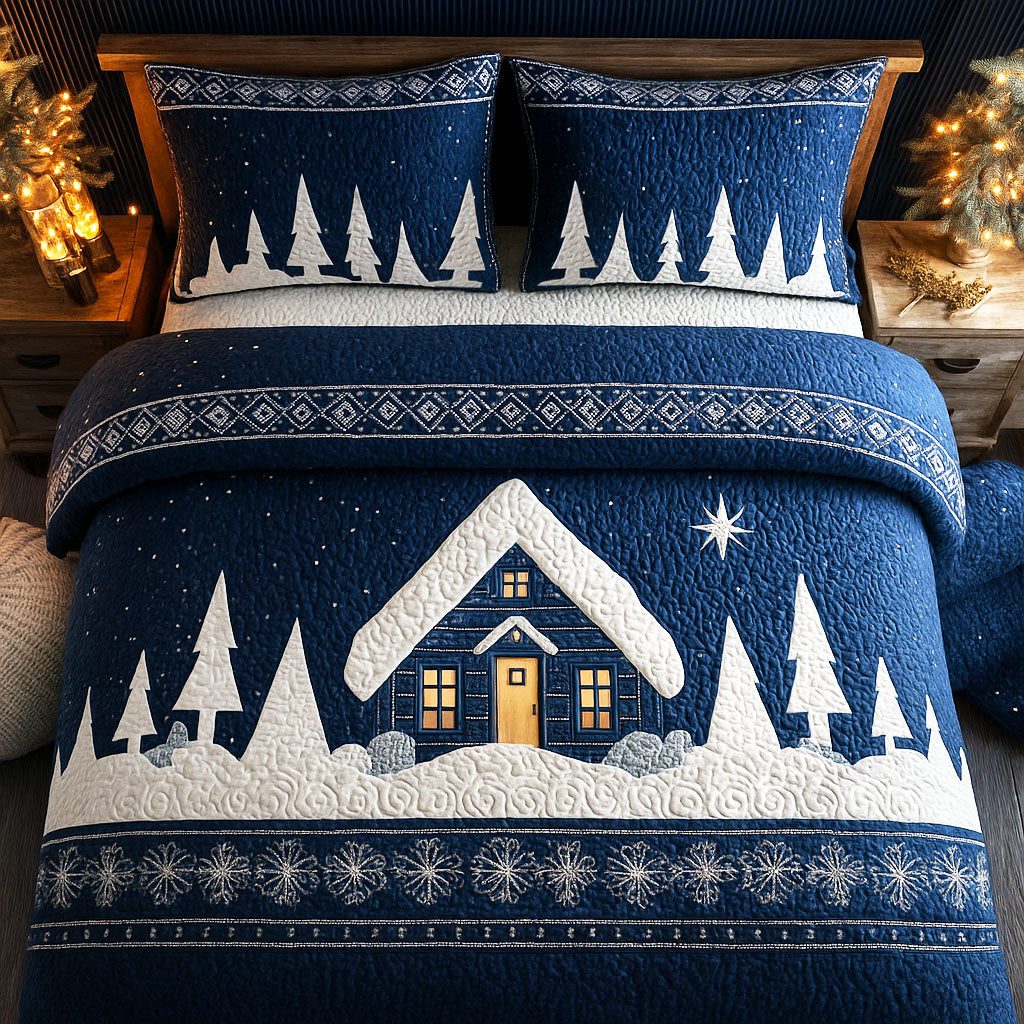 Starry Winter Cabin quilted 3-piece bedding set on a made bed in a winter-styled bedroom