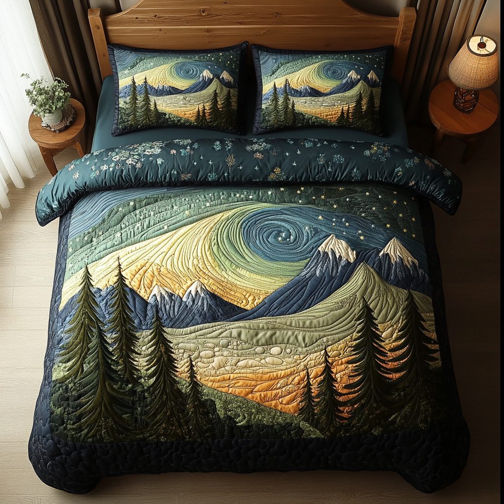 Starry Woods quilted 3-piece bedding set on a made bed with two matching pillow shams