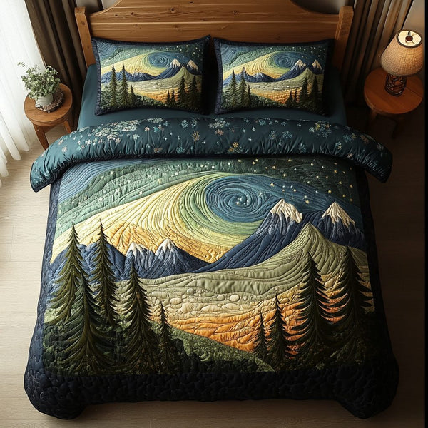 Starry Woods quilted 3-piece bedding set on a made bed with two matching pillow shams