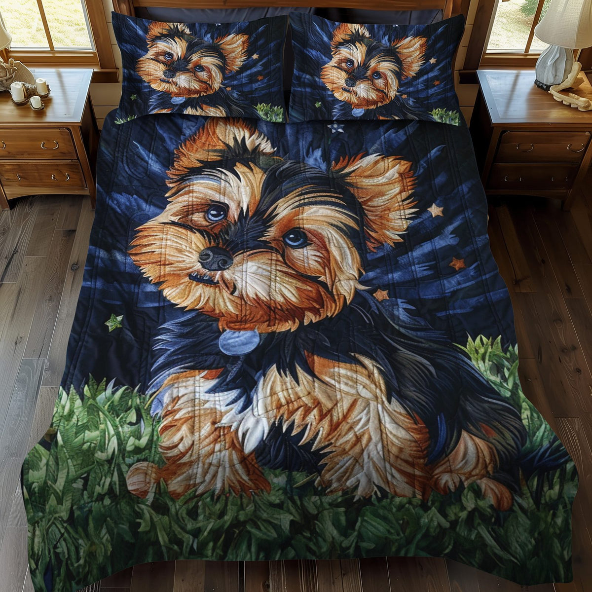 Starry Yorkie quilted 3-piece bedding set on a made bed with two matching pillow shams