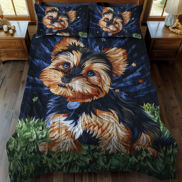 Starry Yorkie quilted 3-piece bedding set on a made bed with two matching pillow shams