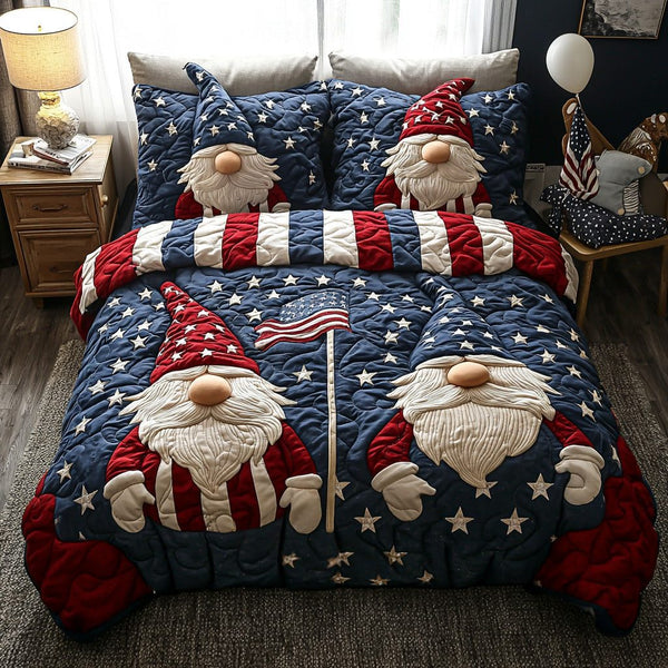 Stars and Beards quilted 3-piece bedding set on a made bed with two matching pillow shams