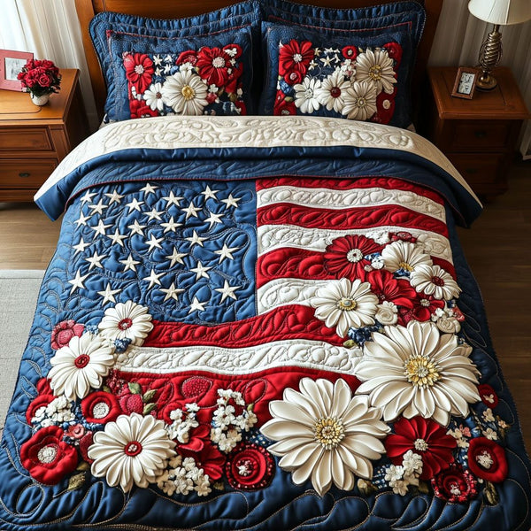 Stars and Blooms Harmony quilted 3-piece bedding set on a made bed with two matching pillow shams