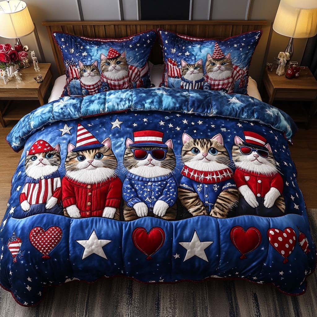 Stars and Cats quilted 3-piece bedding set on a made bed with two matching pillow shams