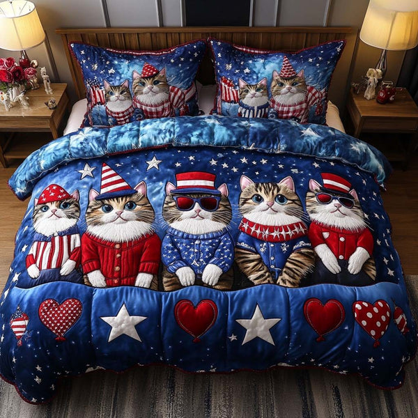 Stars and Cats quilted 3-piece bedding set on a made bed with two matching pillow shams
