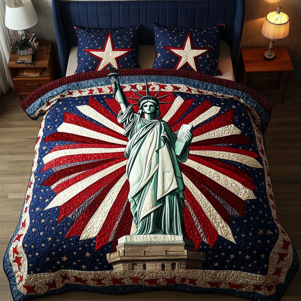 Stars and Liberty quilted 3-piece bedding set on a made bed in a warmly lit bedroom