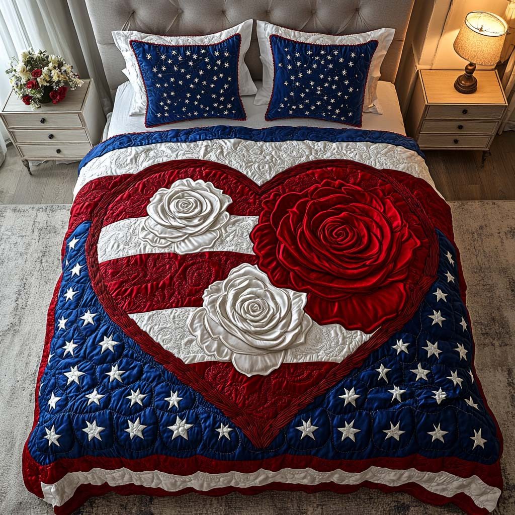 Stars and Petals quilted 3-piece bedding set on a made bed with two matching pillow shams
