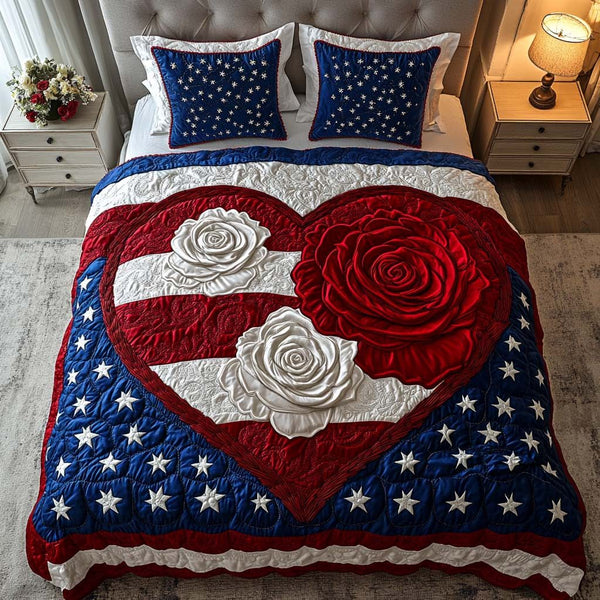 Stars and Petals quilted 3-piece bedding set on a made bed with two matching pillow shams