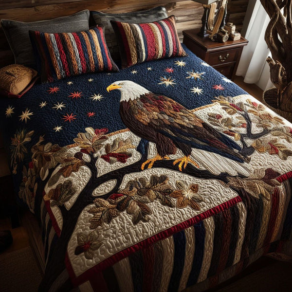 Stars and Stripes Eagle quilted 3-piece bedding set on a made bed in a warmly lit bedroom