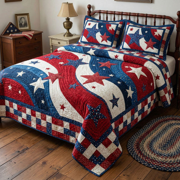 Stars and Stripes quilted 3-piece bedding set on a made bed with two matching pillow shams