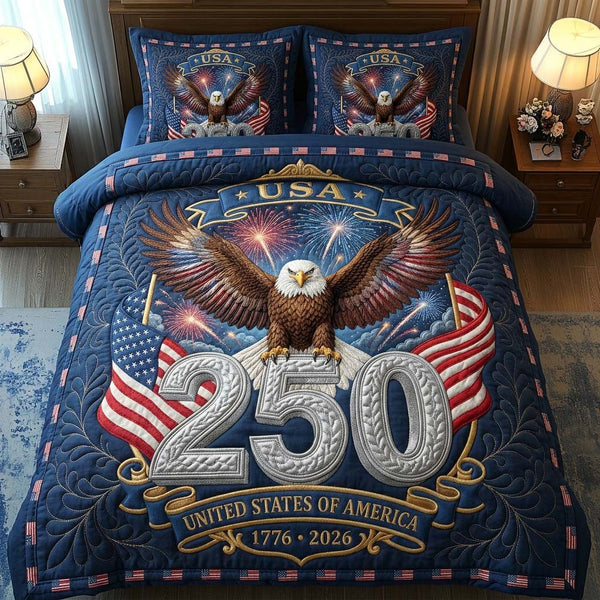 Stars Eagle quilted 3-piece bedding set on a made bed in a warmly lit bedroom