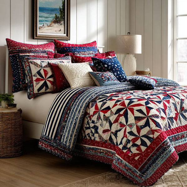 Stars of Liberty quilted 3-piece bedding set on a made bed in a warmly lit bedroom