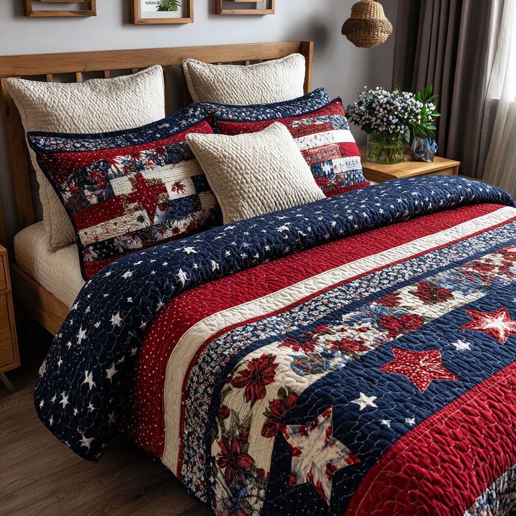 Stars of Pride quilted 3-piece bedding set on a made bed with two matching pillow shams