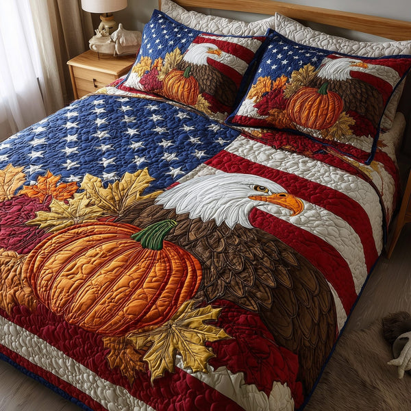 Stars Pumpkin quilted 3-piece bedding set on a made bed against a dark styled interior